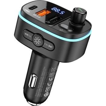 hoco. E62 Bluetooth FM предавател за кола, зарядно устройство, 2 USB+Type-C гнезда v5.0, LED дисплей, ЧЕРНО (E62)