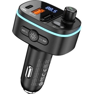 hoco. E62 Bluetooth FM предавател за кола, зарядно устройство, 2 USB+Type-C гнезда v5.0, LED дисплей, ЧЕРНО (E62)