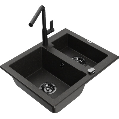 Mexen Carlos гранитна мивка 1, 5 камери с кухненски смесител Flora, черен/златист металик - 6518-75-670401-70-B (6518-75-670401-70-B)