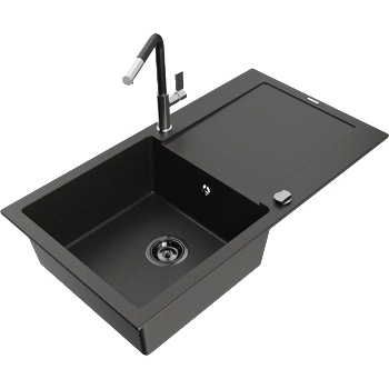 Mexen Leo гранитна кухненска мивка с 1 корито с отцедник и кухненски смесител Flora, черен/златен металик - 6501-75-670401-07-B (6501-75-670401-07-B)