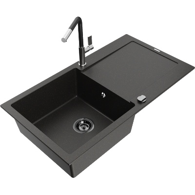 Mexen Leo гранитна кухненска мивка с 1 корито с отцедник и кухненски смесител Flora, черен/златен металик - 6501-75-670401-07-B (6501-75-670401-07-B)