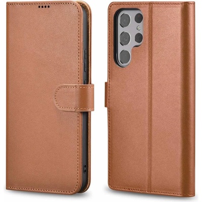 ICARER Haitang Leather Wallet Case - кожен (естествена кожа) калъф, тип портфейл за Samsung Galaxy S22 Ultra (кафяв)