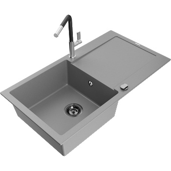 Mexen Leo гранитна кухненска мивка с 1 корито, с дренаж и кухненски смесител Flora, сив - 6501-71-670401-07-B (6501-71-670401-07-B)