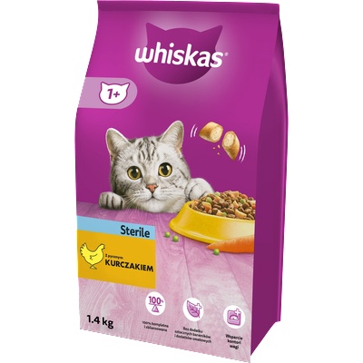 Whiskas Sterile 1, 4кг - суха храна за възрастни котки след кастрация, с вкусно пилешко месо