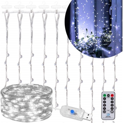 SPRINGOS LED Nano světelný závěs 2x2m 200LED 8 funkcí ovladač USB IP44 studená bílá