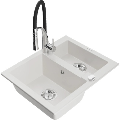 Mexen Carlos гранитна мивка 1, 5 камери с кухненски смесител Aster, бял - 6518-20-73450-07 (6518-20-73450-07)