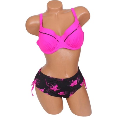 Дамски макси бански от две части в цикламено и черно с цветя