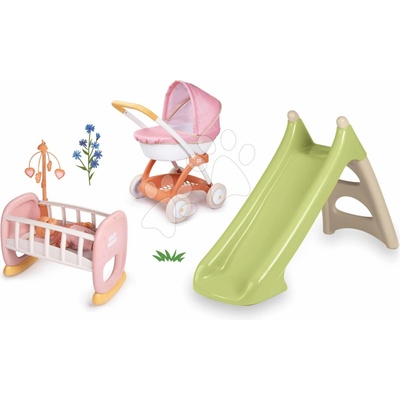 Smoby Set šmykľavka s vodnou hrou a hlboký kočík s textilným poťahom XS Slide Life dĺžka šmyku 90 cm a kolíska s kolotočom