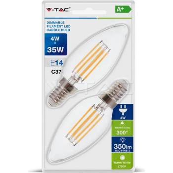 V-TAC LED Крушка - 4W Filament E14 Кендъл 2700K Димируема 2Бр/Блистер (7284)