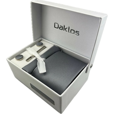 Daklos Luxusní set šedý proužkovaný vzor Kravata kapesníček do saka manžetové knoflíčky kravatová spona v dárkovém balení