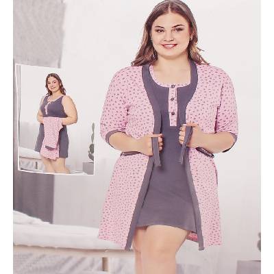 Макси комплект от халат и нощница в розово и сиво