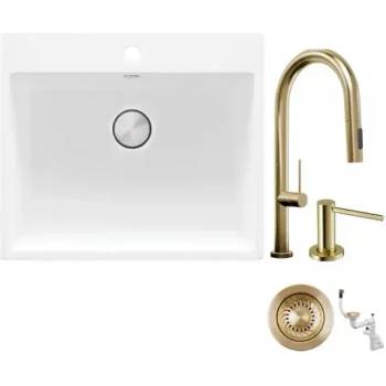 Твоят Стил Бяла кухненска гранитна мивка Рига 60, Смесител 9020 Slim, Сифон, Дозатор