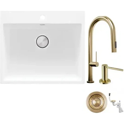 Твоят Стил Бяла кухненска гранитна мивка Рига 60, Смесител 9020 Slim, Сифон, Дозатор