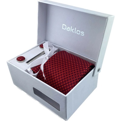 Daklos Luxusní set červený kostičkovaný Kravata kapesníček do saka manžetové knoflíčky kravatová spona v dárkovém balení