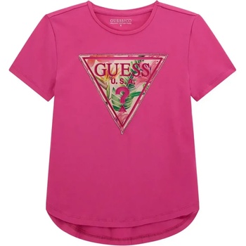 GUESS Широка тениска в цикламено за момиче с лого с палми и камъни Guess