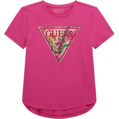 GUESS Широка тениска в цикламено за момиче с лого с палми и камъни Guess
