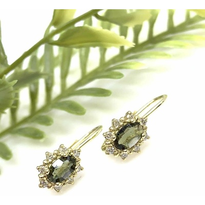 Diante Zlaté náušnice s vltavínem a brilianty 84000078