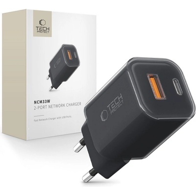 Tech-Protect Мрежово зарядно устройство с 2 порта от Tech-Protect NC 33W Power Delivery и Quick Charge 3.0 - Черно (5906302375783)