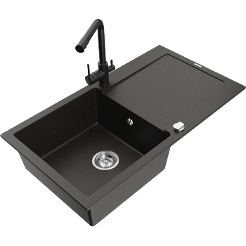Mexen Leo гранитна мивка с 1 отделение и отцедник и кухненски смесител Duero, черен/златен металик - 6501-75-671600-70 (6501-75-671600-70)