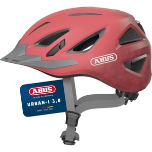 ABUS City Helmet Urban-I 3.0 - Bicycle Helmet with Rear Light, Peak and Magnetic Closure - for Men and Women - Coral, Size L (56-61 cm) - 88639 (88639)