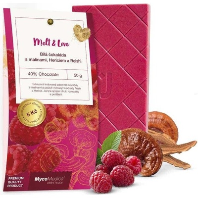 MycoMedica Bílá čokoláda s malinami, Hericiem a Reishi 50 g