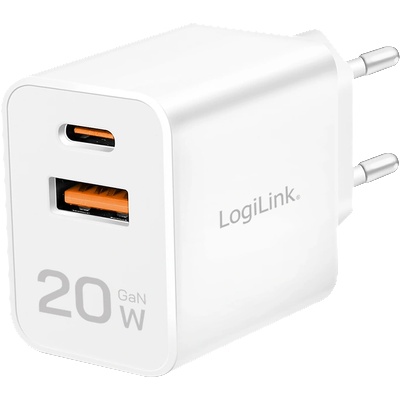 LogiLink Двойно USB зарядно устройство, 20 W, GaN, 1x USB-C (PD), 1x USB-A, бяло