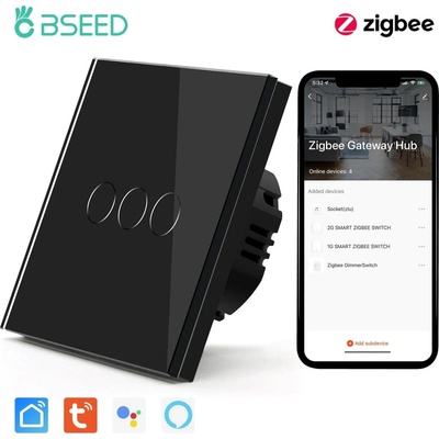 BSEED Zigbee dotykový vypínač bez nulového vodiča – sklo, 1–3 tlačidlá Čierna 3