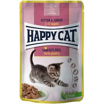 Happy Cat MIS Kitten & Junior Farm Poultry пауч за бебета котки с пилешко 85gr