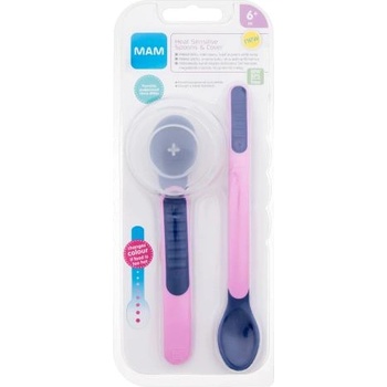 MAM Heat Sensitive Spoons & Cover 6m+ Pink комплект: дълга лъжица 1 брой + къса лъжица 1 брой + калъф за лъжица