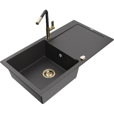 Mexen Leo гранитна еднокамерна мивка с отцедник и кухненски смесител Flora, черно пръскано - 6501-76-670401-57-G (6501-76-670401-57-G)