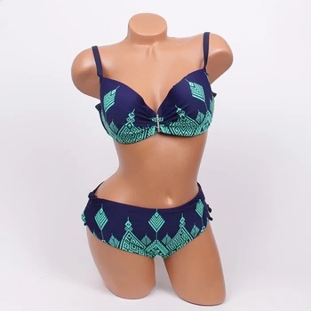 Image 1 of Дамски бански в тъмносиньо със зелени орнаменти - чашка d