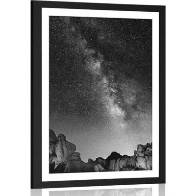 Plakát s paspartou hvězdná obloha nad skalami v černobílém provedení - 40x60 black