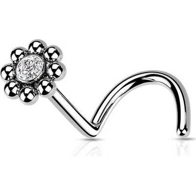 Šperky eshop zahnutý piercing do nosu z oceli kulatý kvítek se zirkonem uprostřed PVD PC07.09