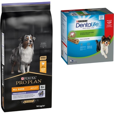 PRO PLAN 7 кг/ 12 кг / 14 PURINA PRO PLAN + Purina Dentalife лакомства! - All Size Adult Performance OPTIPOWER (14 кг) 24 броя за средноголеми кучета