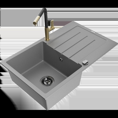 Bruno гранитна мивка с 1 отделение с отцедник и кухненски смесител Flora, сив - 6513-71-670401-57-B (6513-71-670401-57-B)