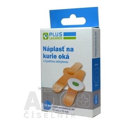 PLUS LEKÁREŇ Náplasť na kurie oká s kyselinou salicylovou, 12 mm x 70 mm 12 ks