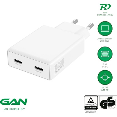 4smarts Захранване за ел. мрежа за мобилни устройства с 2xUSB-C изходи и с технология за бързо зареждане - 4smarts GaN PDPlug Slim Duos 2C Wall Charger 65W (бял) (546065)