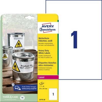 Etikety polyesterové 210 x 297mm Avery A4 biele 20 hárkov