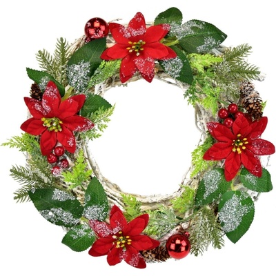DOMMIO Vianočný veniec prútený s červenou poinsettiou 30 cm