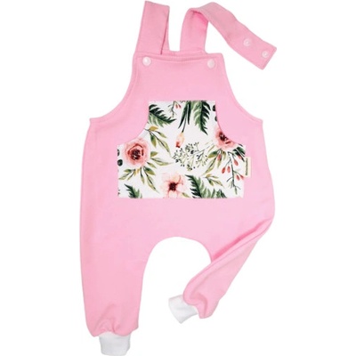 Dětské laclové kalhoty s kapsou růže v kapradí na světle růžové