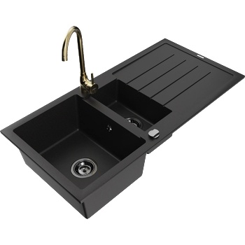 Mexen Andres гранитна мивка с 1, 5 отделения и сушилник и кухненски смесител Telma, черен - 6515-77-670200-50-B (6515-77-670200-50-B)