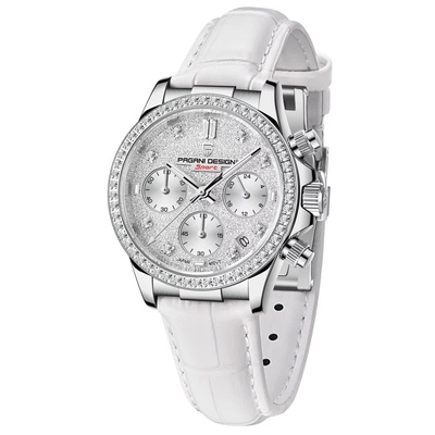 Pagani design Дамски часовник Pagani Design Cheri с кристали, Естествена кожа, Бял (PD-1730-WHITE)