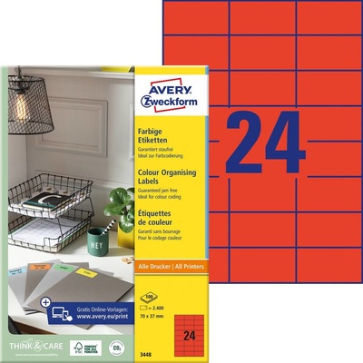 Avery-Zweckform 3448 univerzální etikety 70 x 37 mm papír červená 2400 ks trvalé inkoustová tiskárna laserová tiskárna barevná laserová tiskárna kopírka