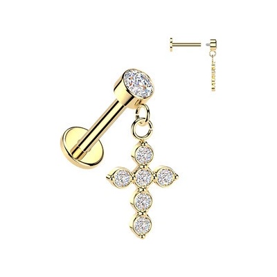 Šperky4U Zlacený piercing do ucha labreta s křížkem LB1155GD