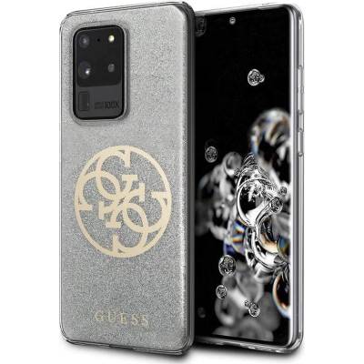 GUESS Glitter 4G Circle Logo Case - дизайнерски кейс с висока защита за Samsung Galaxy S20 Ultra (сив)