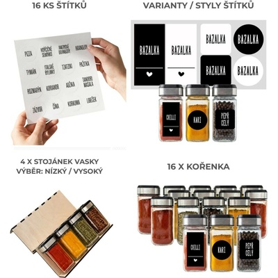 Orion Sada kořenek INOX 100 ml + 4 ks organizér na kořenky VASKY + sada štítků 16 ks