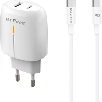 DeTech Мрежово зарядно устройство DeTech DE-31PDC, 20W, С PD Type-C кабел, 1 x Type-C F, 1 x USB F, PD, QC, Бял - 40322 (40322)