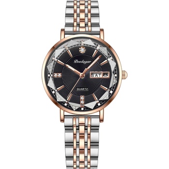 Poedagar Дамски часовник Poedagar CS1372, неръждаема стомана, сребристо-розово злато, черен циферблат (CS1372)