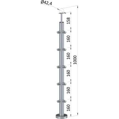 Nerezový sloup, vrchní kotvení, 5řadový, rohový: 90°