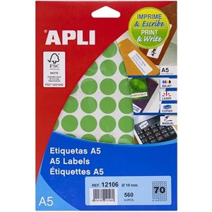 APLI Етикети, кръгли, 19 мм, цветни, a5, apli, зелени, 560 етикета в опаковка 12106 (12106)